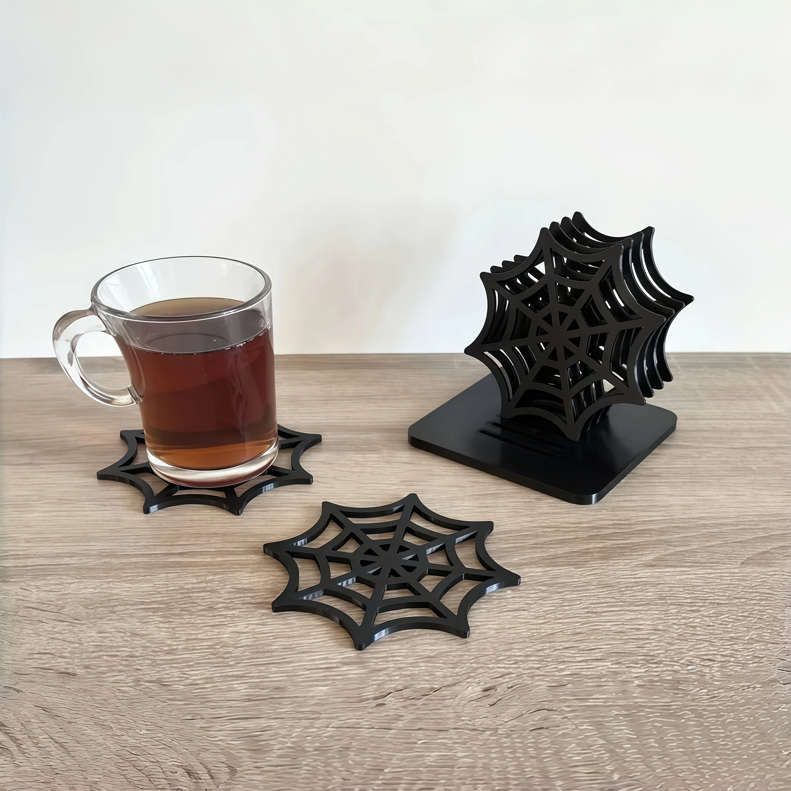 6Pcs Coasters with 1Pc Storage, Halloween Spider Web Prank Toy Coasters, Funny Pranks, Practical Jokes, Novelty Toys.