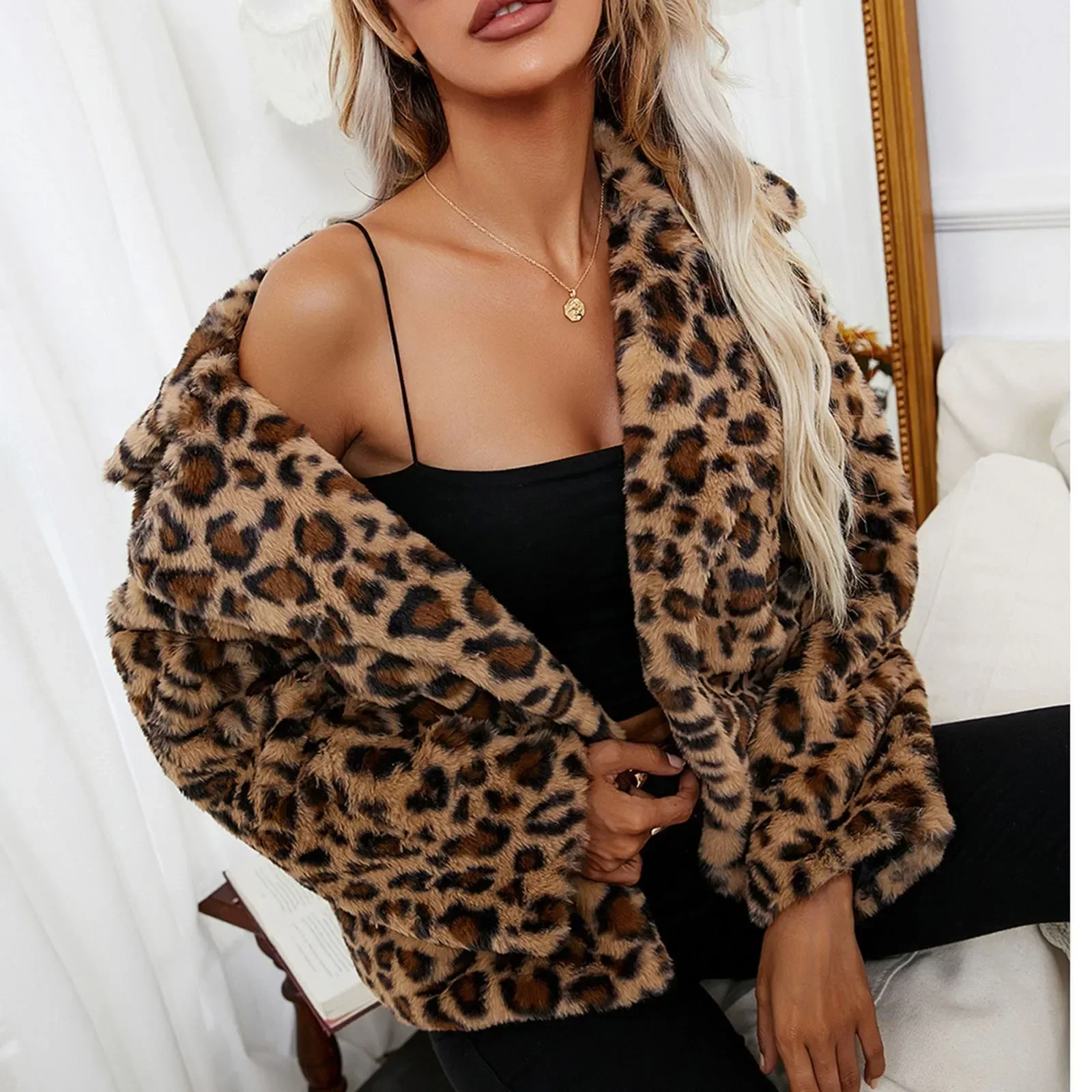 QNPQYX Autumn Winter Warm Faux Fur Coats Women Jacket Fashion Leopard Print Loose Fluffy Teddy Coat BOHO Outwear