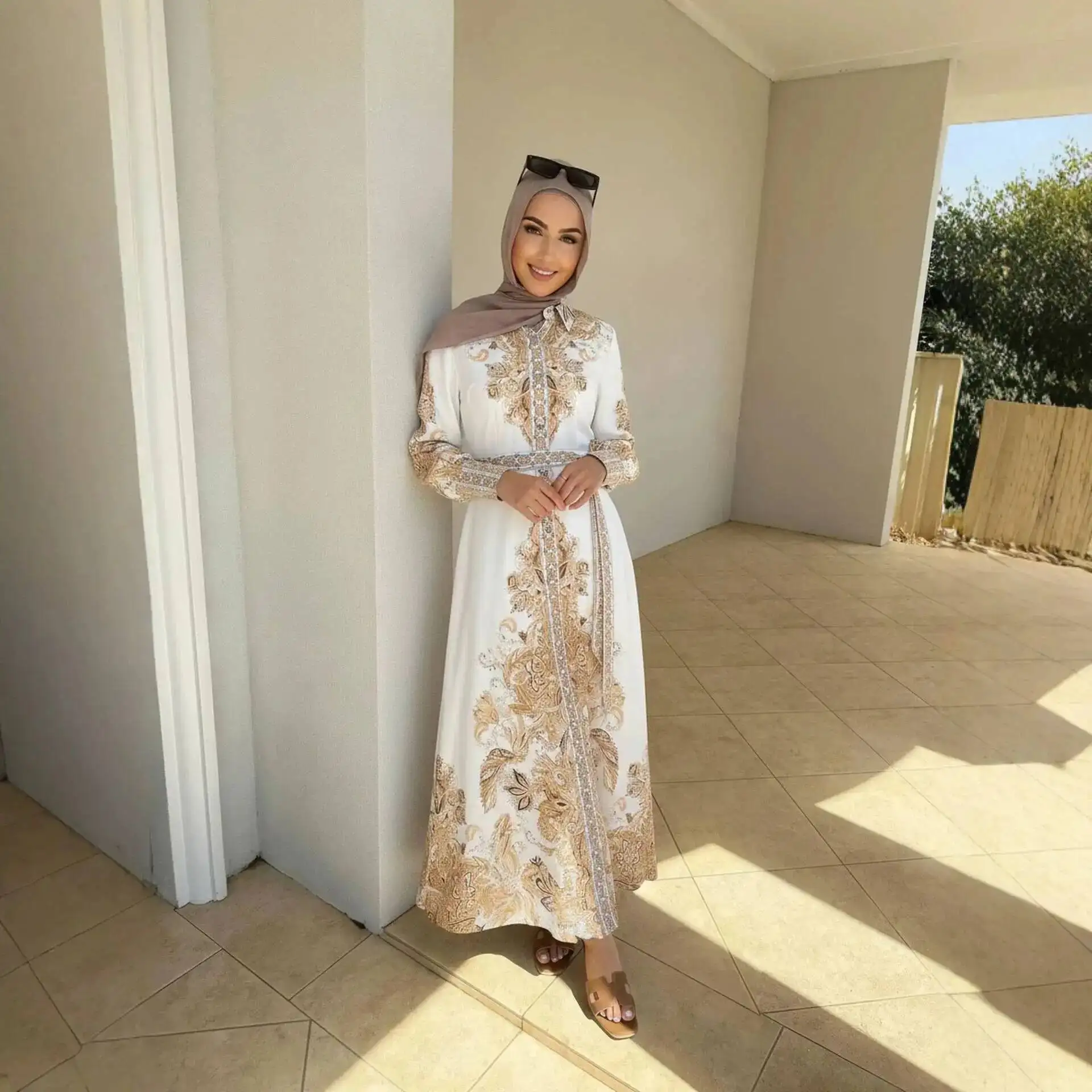 

1159 Women's Dress Fashionable Printed Waist-cinching Collar Lantern Sleeve Long Skirt Abaya Ramadan Dubai Luxury Islam Elegant