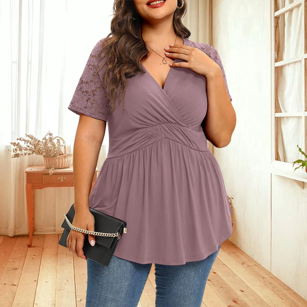 Damski Plus Size XL-5XL t-shirt letni swobodny dekolt w serek koronkowa, łączona jednolity kolor plisowany Raglan z krótkim rękawem eleganckie