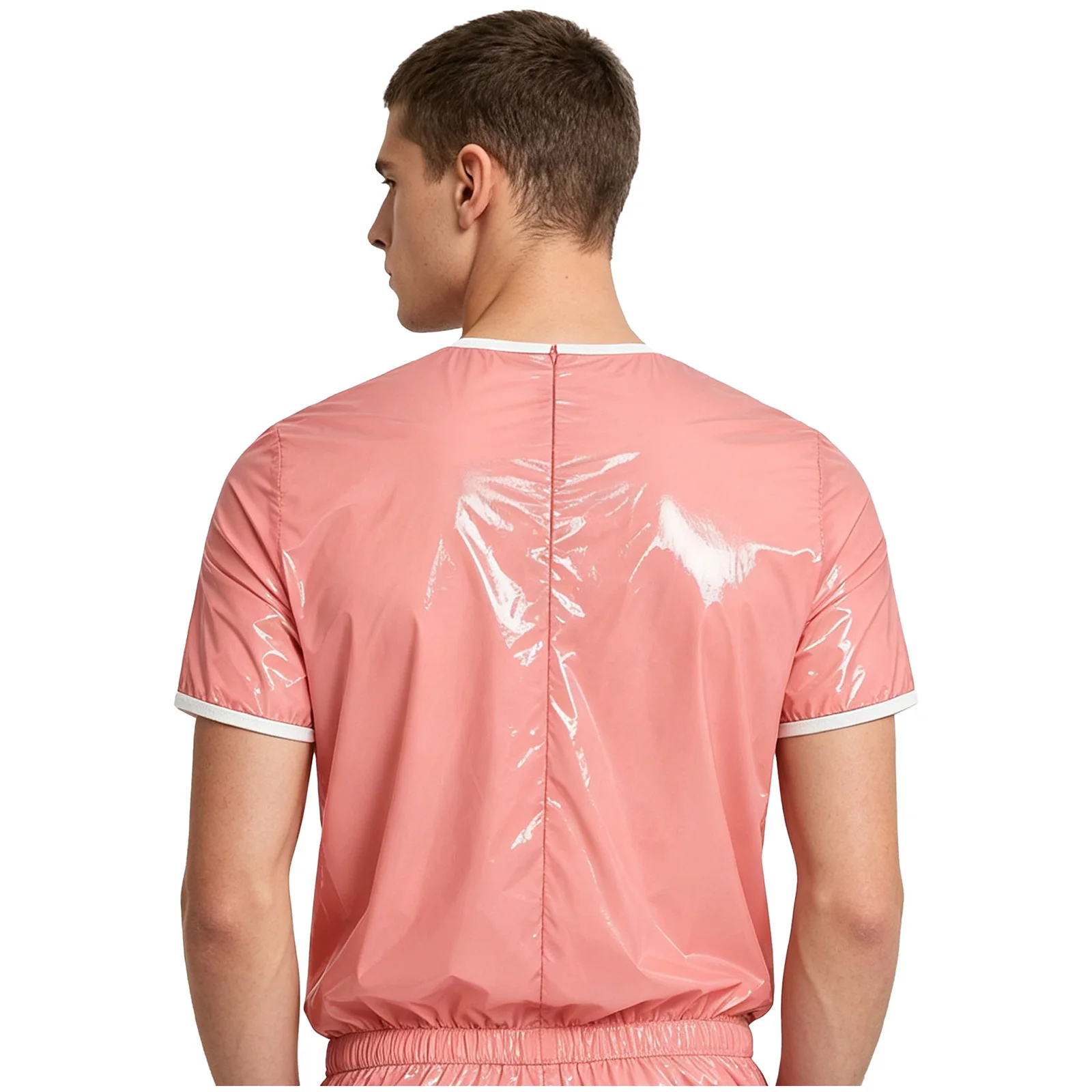 Men Waterproof Swim Sports Club Top Short Sleeve Zipper Elastic Hem Glossy T-shirt Beach Pool Workout Fitness Nightclub Costume