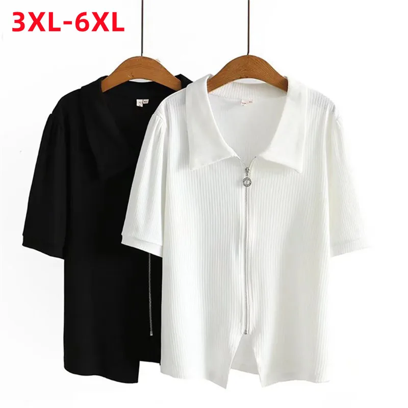 New 2022 Summer Plus Size Knit Tops For Women Large Size Short Sleeve Slim Elastic White Zipper Cardigan Shirt 3XL 4XL 5XL 6XL