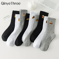 Warm Winter New Funny Embroidery Hamburger Pizza Pattern White Black Gray Casual Hipster Thic Socks Christmas Gift Dropship