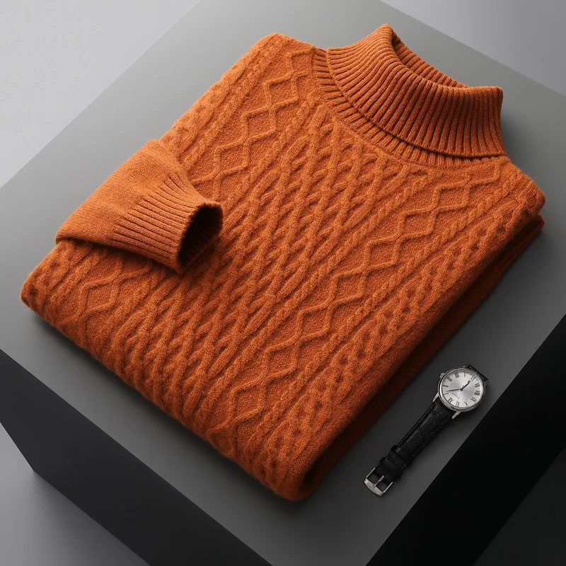 Autumn and winter 100% cashmere sweater men's high neck thick pullover Jacquard young and middle-aged solid color bottoming knit