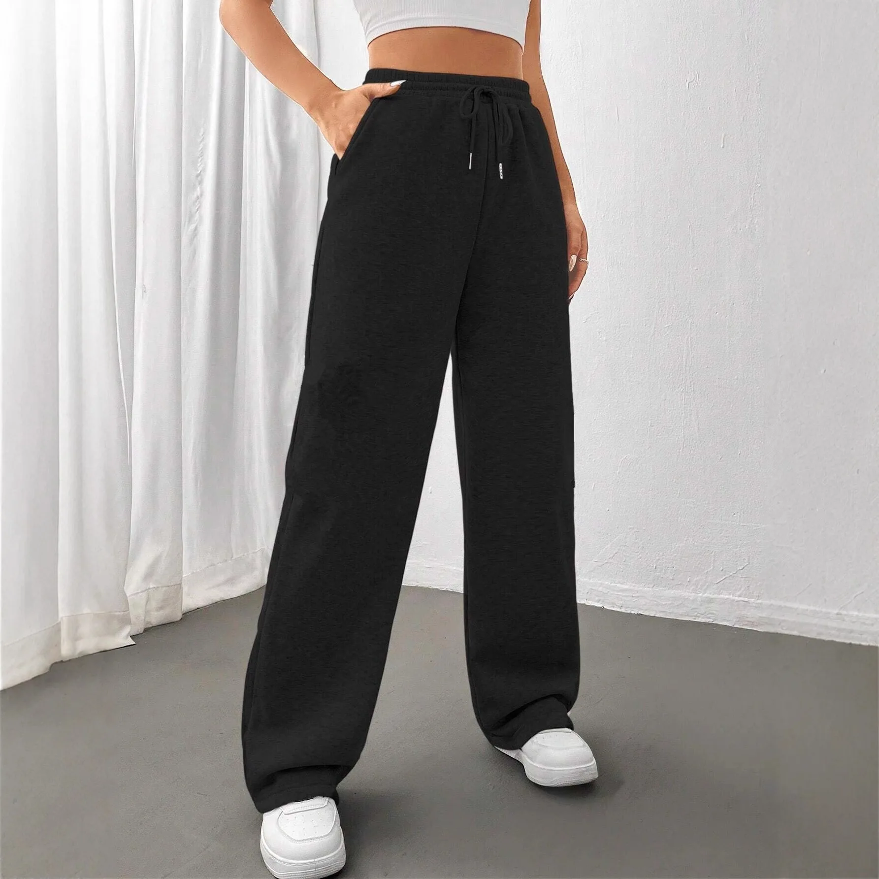 بنطال رياضي فضفاض كاجوال سميك عالي الخصر للنساء لموسم الخريف والشتاء بنطال مريح من ألياف البوليستر