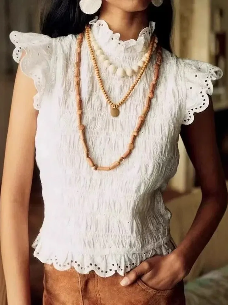 

Early Autumn 2025 White Embroidered Ruffle Design Knot Tie Vest Cute Sle Cotton ort Sve Women's Faion