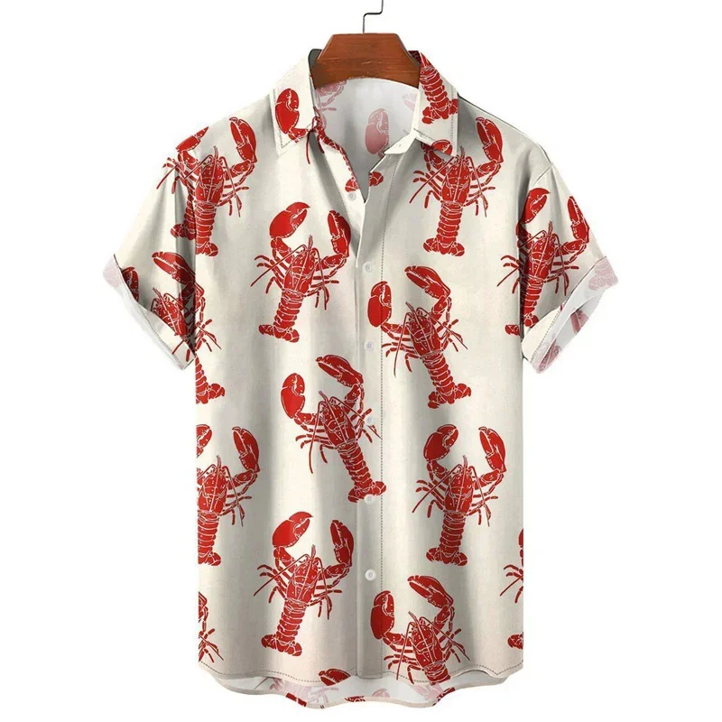 Camisa havaiana masculina estampada em 3D, padrão marisco, manga curta, tamanho grande, férias de verão, casual masculina moda praia