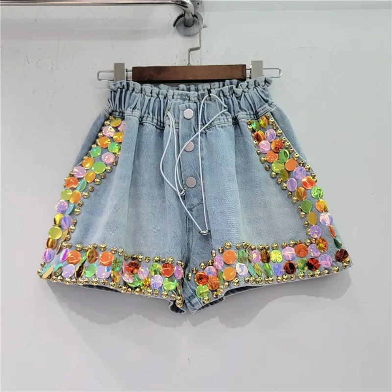 

Women Summer Colorful Diamonds Beaded Denim Shorts Handmade Rhinestones Wide Legs Shorts High Waist Elastic Sequined Jeans Pants