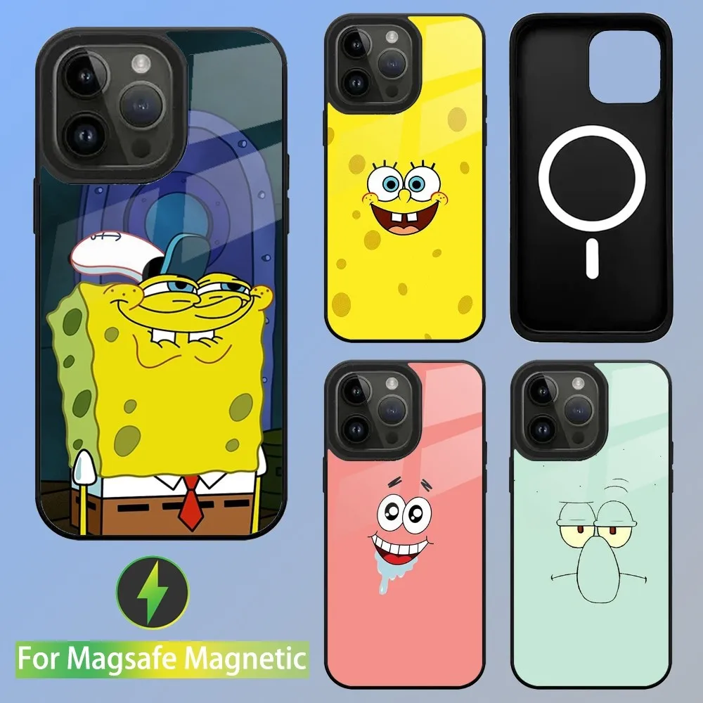 Cartoon S-SpongeBobs Phone Case For iPhone 15,14,13,12,11,Plus,Pro,Max Mini Magsafe Magnetic Wireless Charging