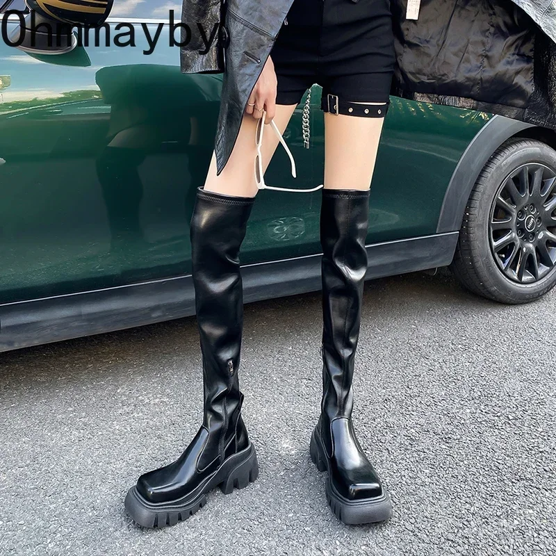 Elastic Slimming Women Over The Knee High Boots Fashion Back Zippers Shoes Square Heel Autumn Winter Ladies Knight Long Booties