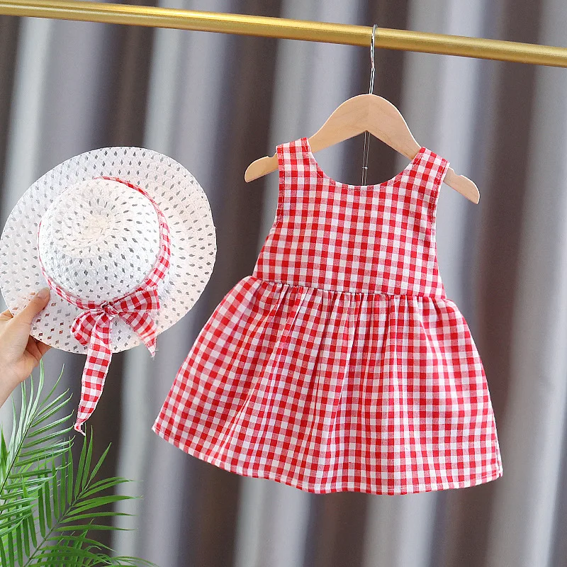 Two Piece Set Of Girls\' Summer New Plaid Camisole Dress Children\'s Baby\'s Chest Big Bow Cute Dress With Hat Included
