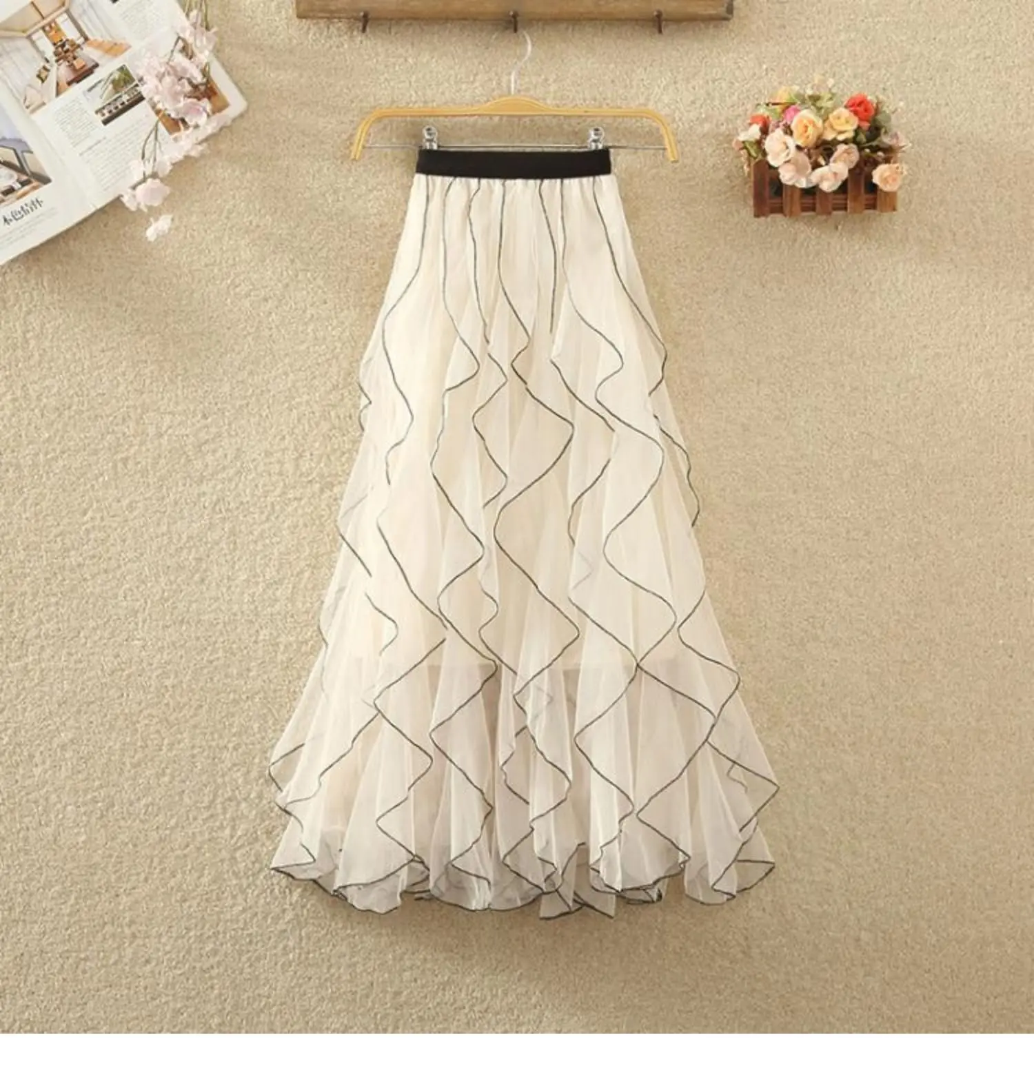 

Wave patterned mesh skirt for summer, new high waisted fairy ruffled mid length A-line yarn skirt