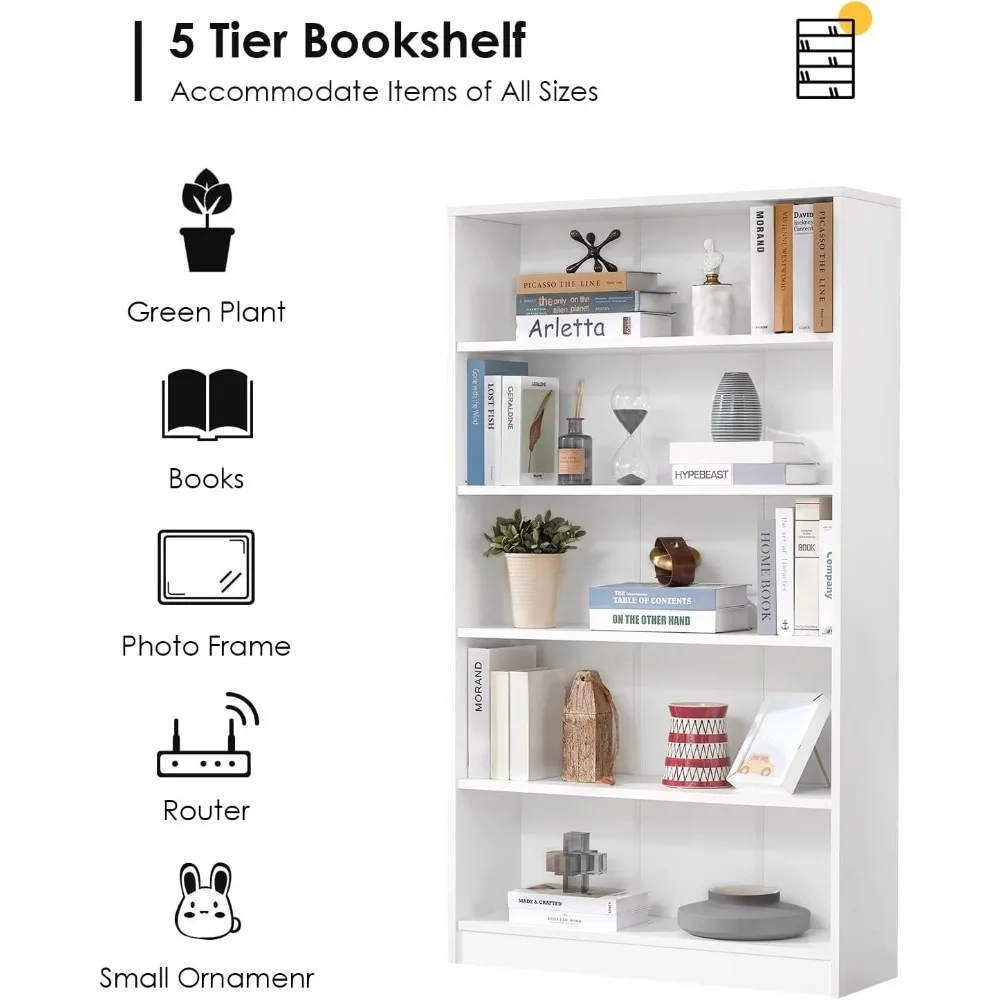 Weißes Bücherregal für Schlafzimmer, 5 Regale, Büro-Bücherregal, 152,4 cm hoch, modernes Holz-Bücherregal für Wohnzimmer, 5-stufiges breites Manga-Buch