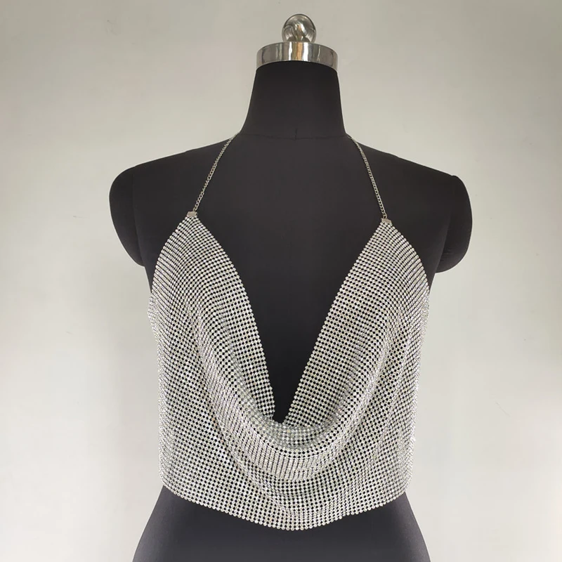 Frauen Sexy Glänzenden Strass Tank Top Tiefem V-ausschnitt Neckholder Metall Körper Kette Crop Top Hemd für Nachtclub Party Rave Outfits 2025 – Detail 7