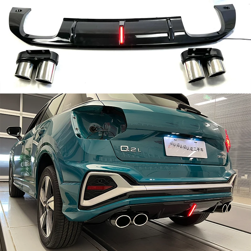 Q2 Hacchback ABS Gloss Black Rear Bumper Diffuser Spoiler With Exhaust Tips Muffler Pipe for Audi Q2 2022 Exterior Parts