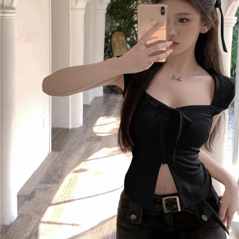 Black T-shirts Women Sexy Lace-up Slim Leisure Cropped Tops Summer Basic Clothing Korean Style Attractive All-match Faddish Ins