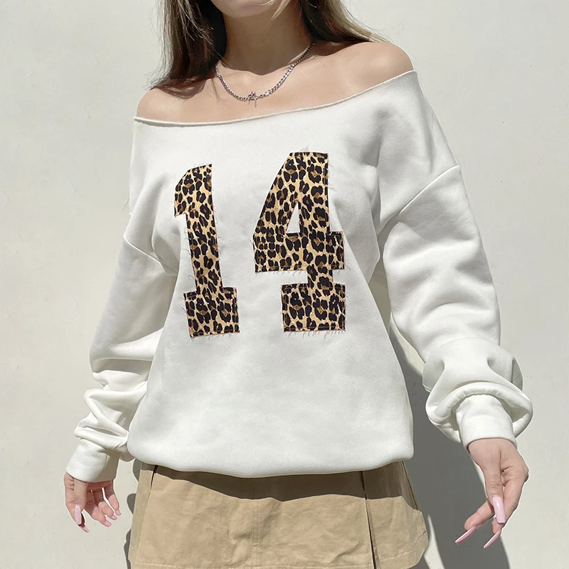 IAMHOTTY Leopard Digital Patched Fleece Pullovers Women's Fall Winter Plush Thick Sweatshirts Loose Long Sleeve Tops Streetwear