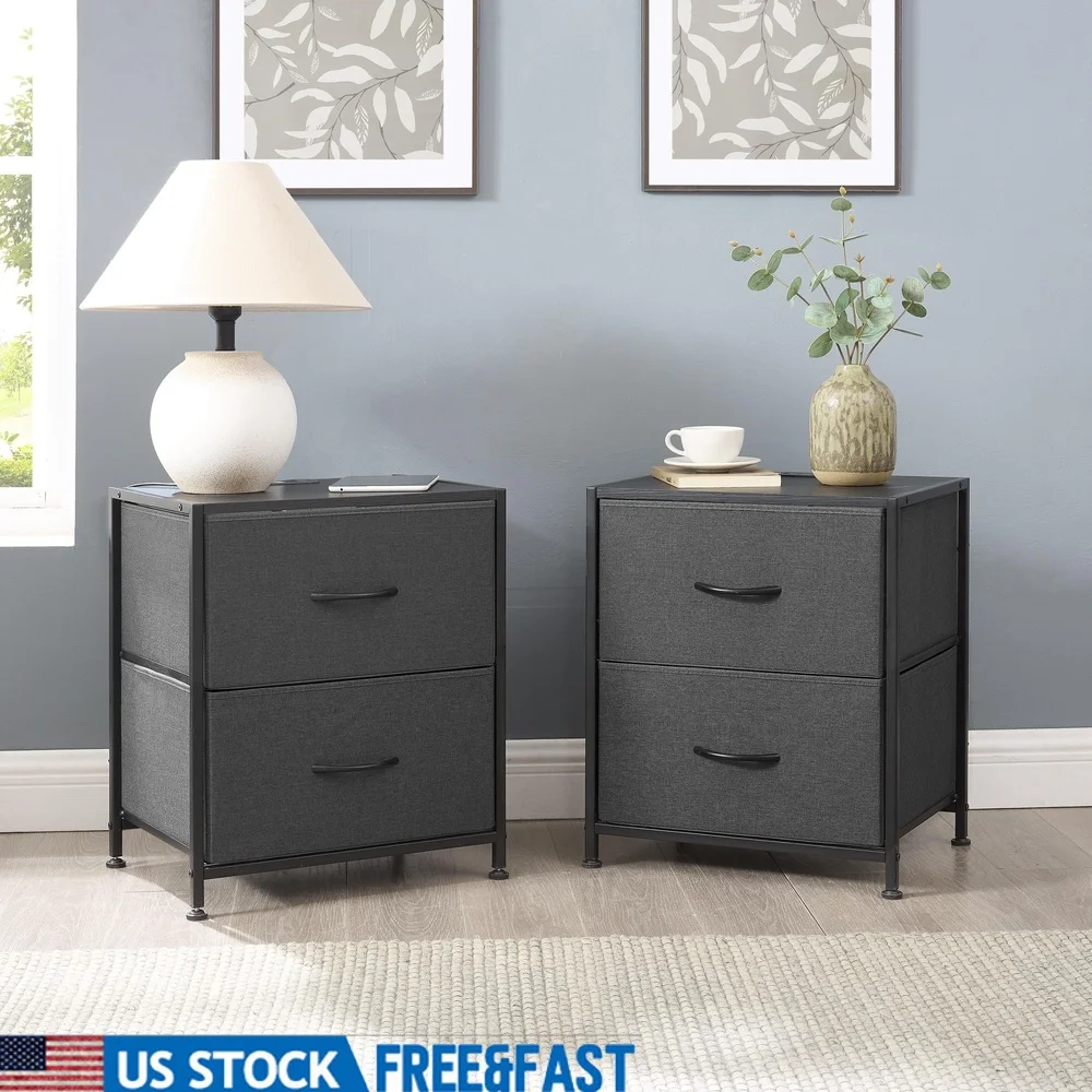 

2-Pack Nightstand with Fabric Drawers USB Charging Portable Storage Side Table Bedroom Organizer Modern Style Adjustable Legs
