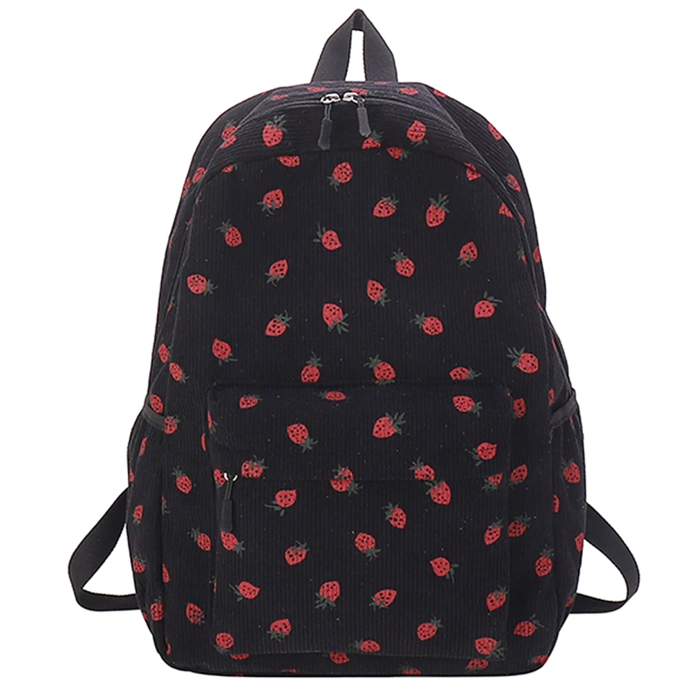 Corduroy Strawberry Backpack Casual Travel Backpack Large Capacity Daily Rucksack Multi-pockets Adjustable Strap for Women Girls