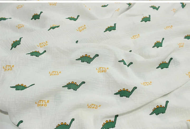 100x135cm Cute Dinosaur Printed Double Layer Cotton Crepe Fabric Breathable Pure Cotton Fabric DIY Sewing Baby Clothes