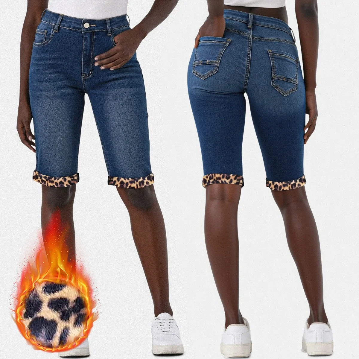 กางเกงยีนส์ทรงตรงห้าส่วนเอวต่ำลายเสือดาวแบบใหม่ ช่วยยกสะโพก