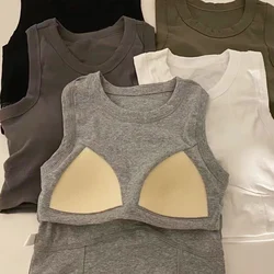 Korean Style Women Sexy Tops Vest Thread Solid Casual Fashion Crop Top with Chest Pad Sleeveless Outer Wear Basic Camisole Bra