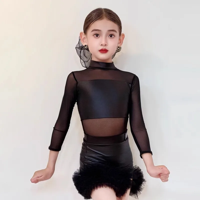 2025 Mesh Long Sleeve Top Skirt Split Suit Latin Dance Dress Chacha Rumba Dance Performance Costumes Competition Suit DQL12011