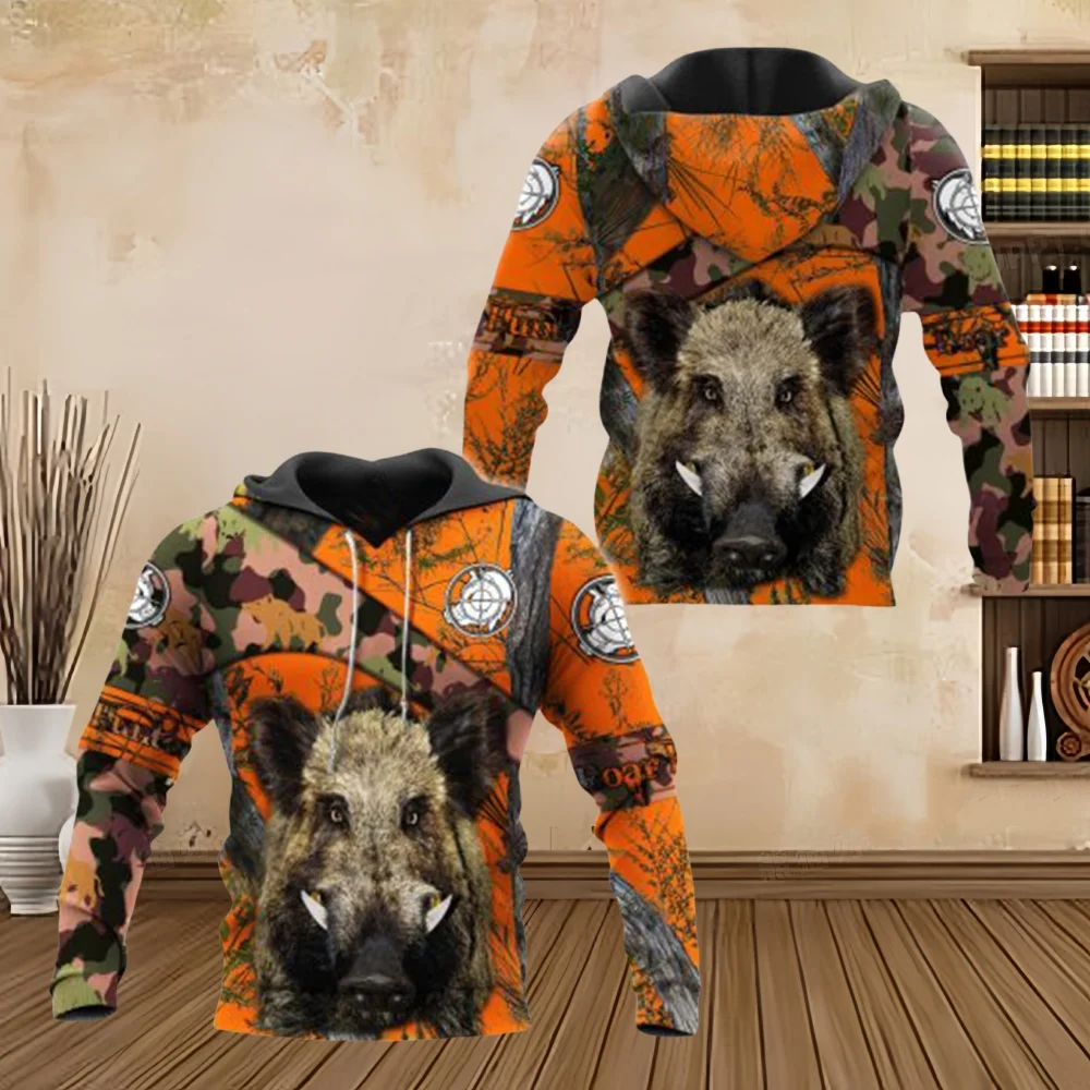 Sudaderas para hombres caza de jabalí naranja Camo 3d Prin Unisex Harajuku canguro bolsillo Casual calle sudadera pulóver sudaderas con capucha