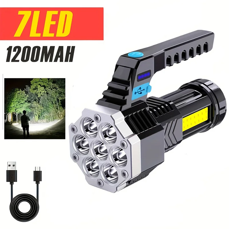 1/2 PCS Powerful 7LED+Side COB High Power USB Rechargeable Handheld Flashlight Outdoor Waterproof Torch with Built-in Battery