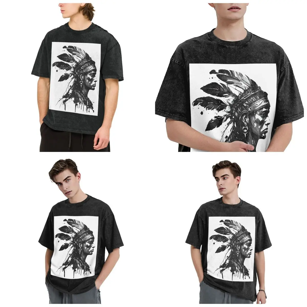 Drawn Style Aztec Warrior Hip Hop Short Sleeve T-Shirts Washed Tops Tees Streetwear T Shirt Oversized for Men Women