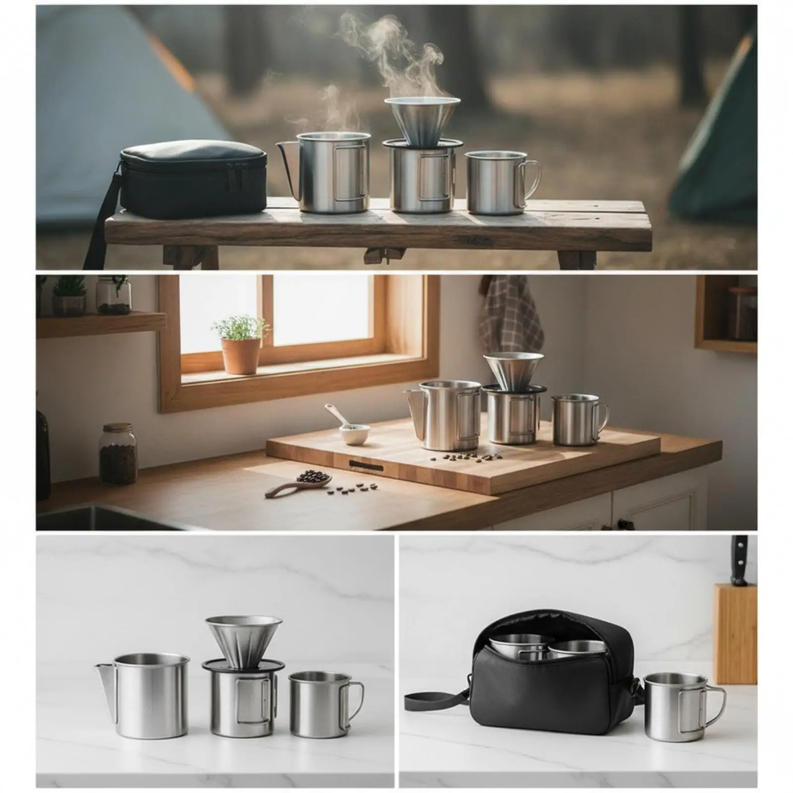 Travel Coffee Making Kit Stainless Steel Cup and Dripper Set with Carry Pouch Compact Manual Pour over for Outdoor Adventure Use