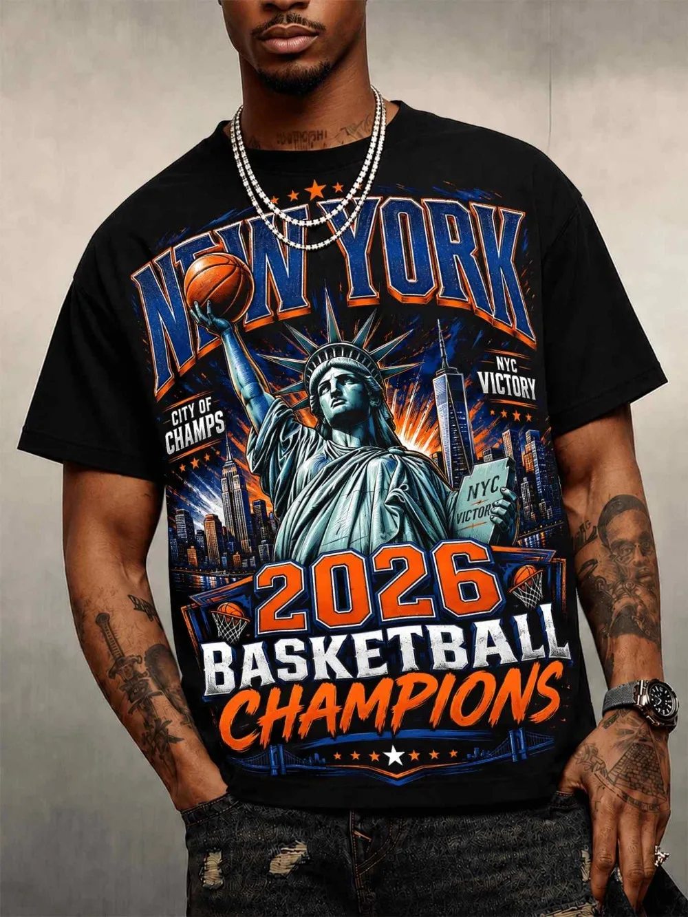 Men NYC Basketball 3D Print T‑Shirt 2026 Champions Statue of Liberty New York City Tee Hip‑Hop Sports Casual Short Sleeve Shirts