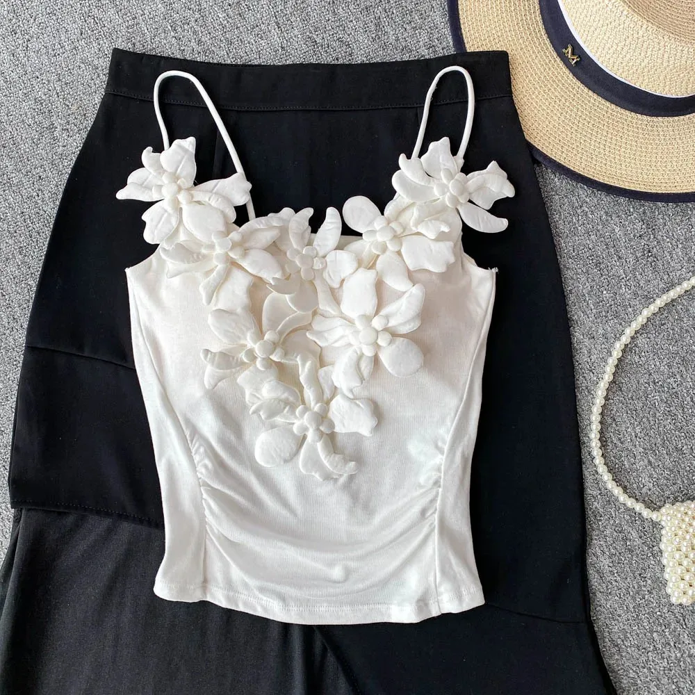 

Сексуальный тонкий трехмерный корейский топ с цветочным принтом, элегантный базовый укороченный топ, летнее женское бюстье