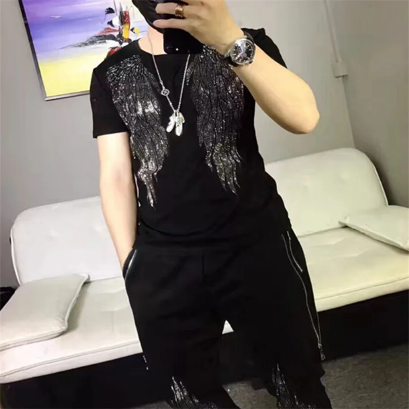 Hot New Fashion Drilling Design Spring And Summer Casual Simple Men's Sportswear T-shirt+Trousers Two-Piece Cotton Top Quality