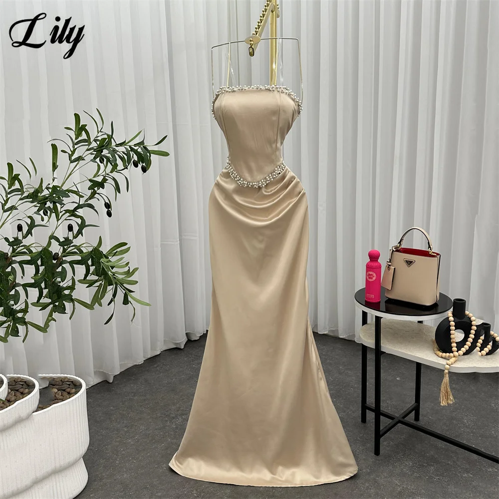 

Lily Champagne Evening Dress Sleeveless Mermaid Formal Gown with Pearl Embellishments Night Dresses Satin robe de bal Customized