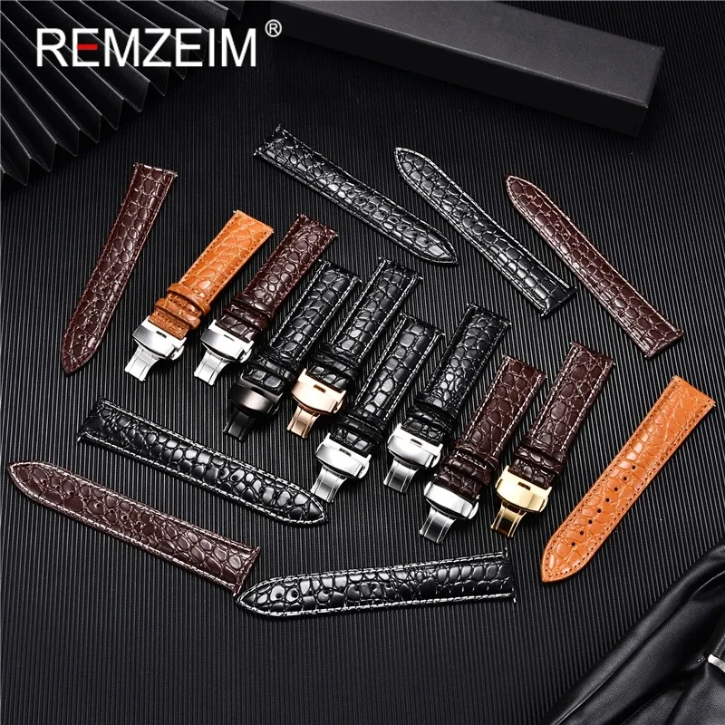 REMZEIM 18mm 20mm 22mm 24mm Calfskin Genuine Leather Watch Band with Solid Automatic Butterfly Buckle Business Watchband