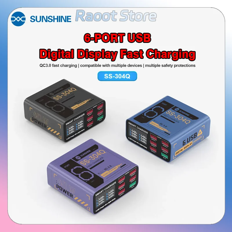 

SUNSHINE SS304Q 6-Port USB Smart Lightning Charger Compatible with Multiple Devices QC 3.0 F Chargasting for Mobile Phone Repair