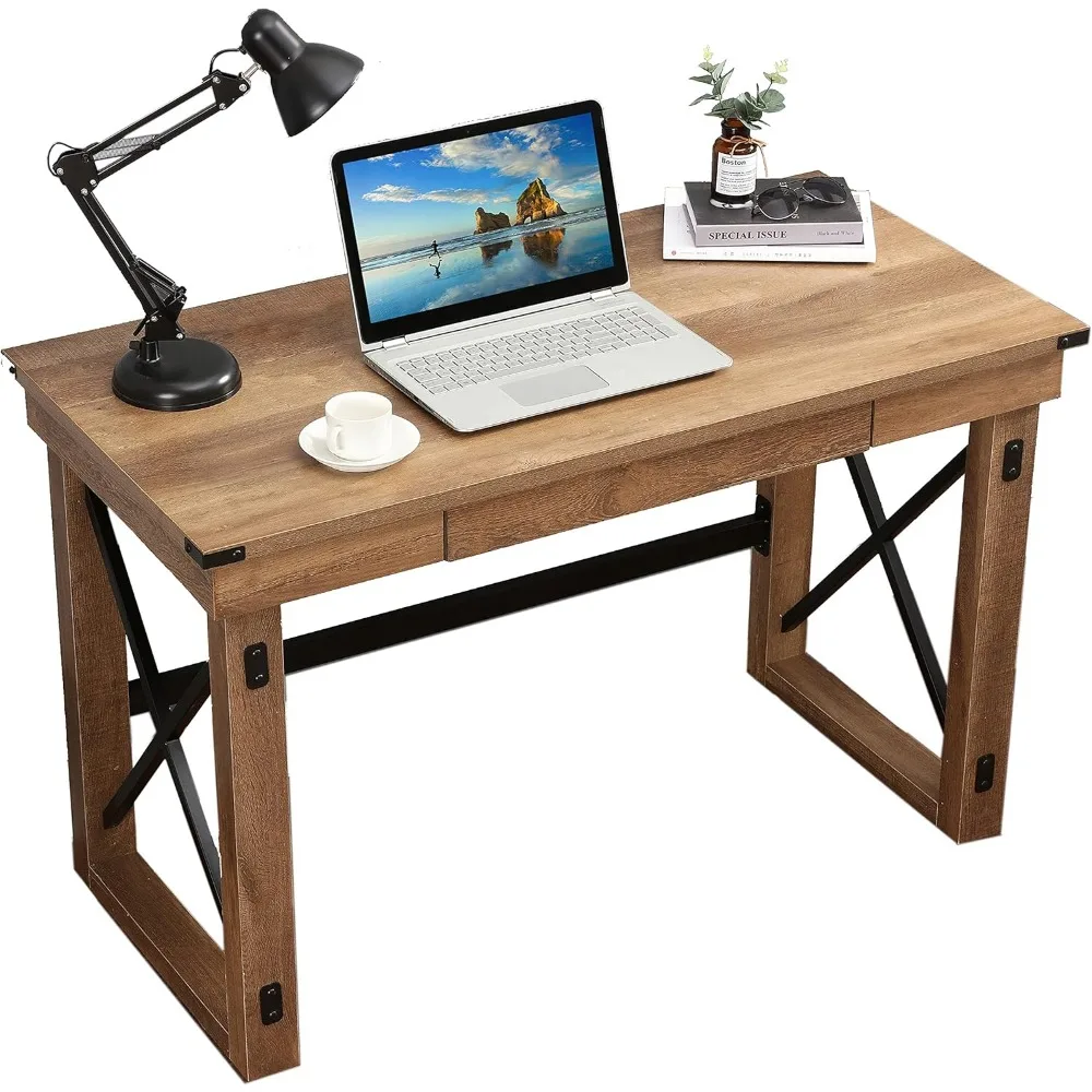 

Rustic Furniture Sturdy Modern Computer Table for Home Office, Wood and Metal Writing Desk with Drawer