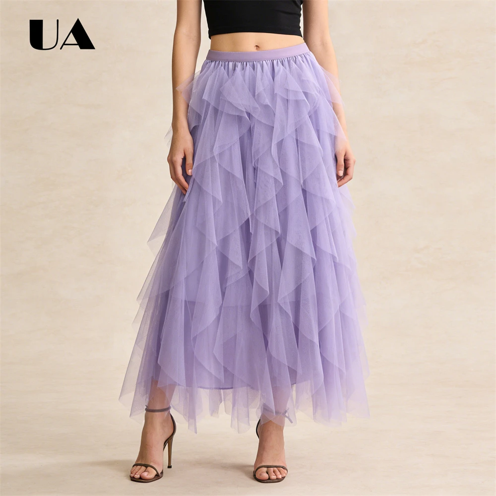 

Пышная сетчатая юбка с высокой талией для женщин, свободный размер до середины икры, струящиеся популярные юбки, многоцветное платье из тюля, сказочная юбка