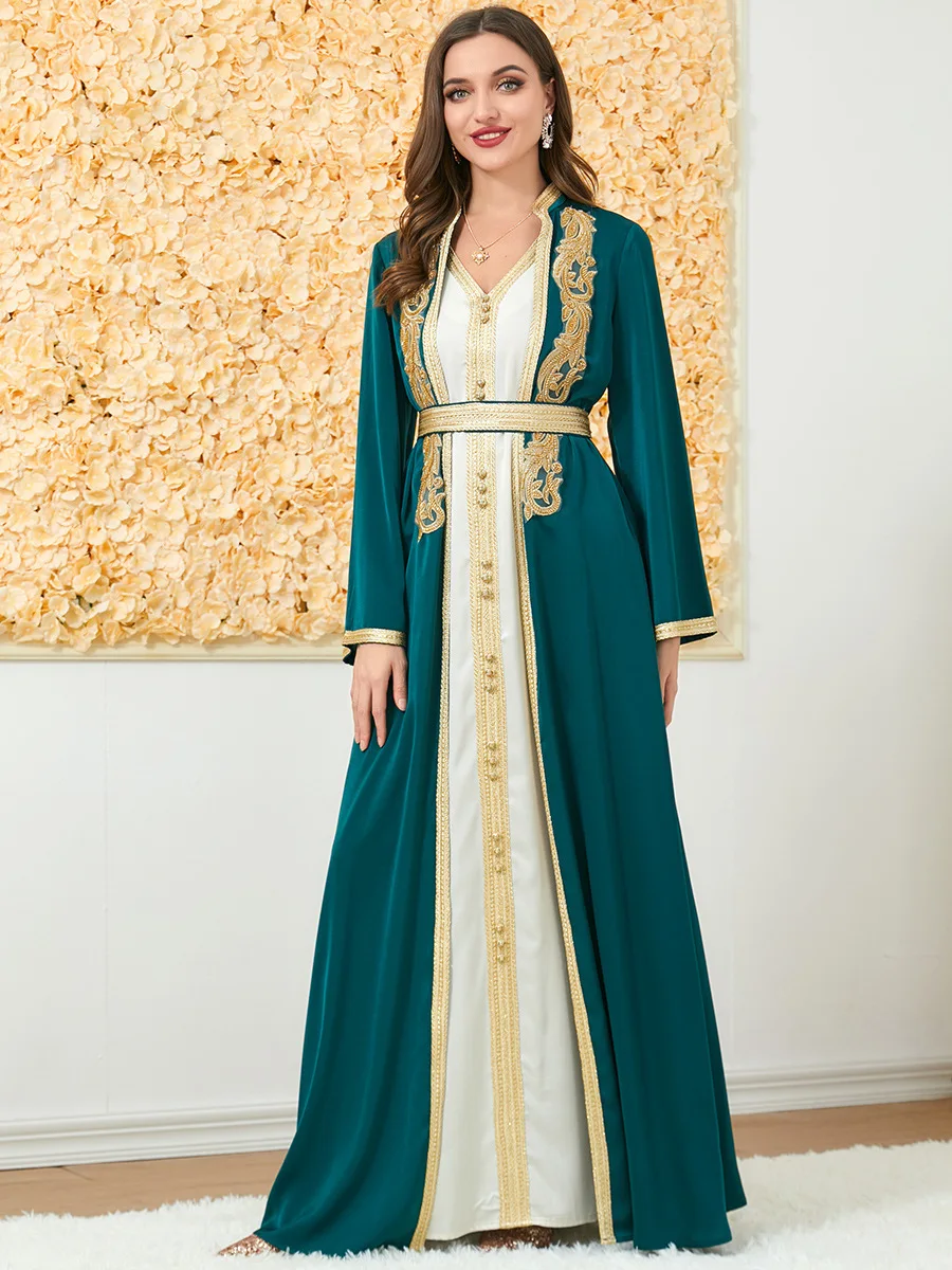 

2 Piece Abaya Beading Embroiderey Matching Open Abayas Slip Long Dress Women Muslim Set Dubai Moroccan Party Kaftan Ramadan Eid