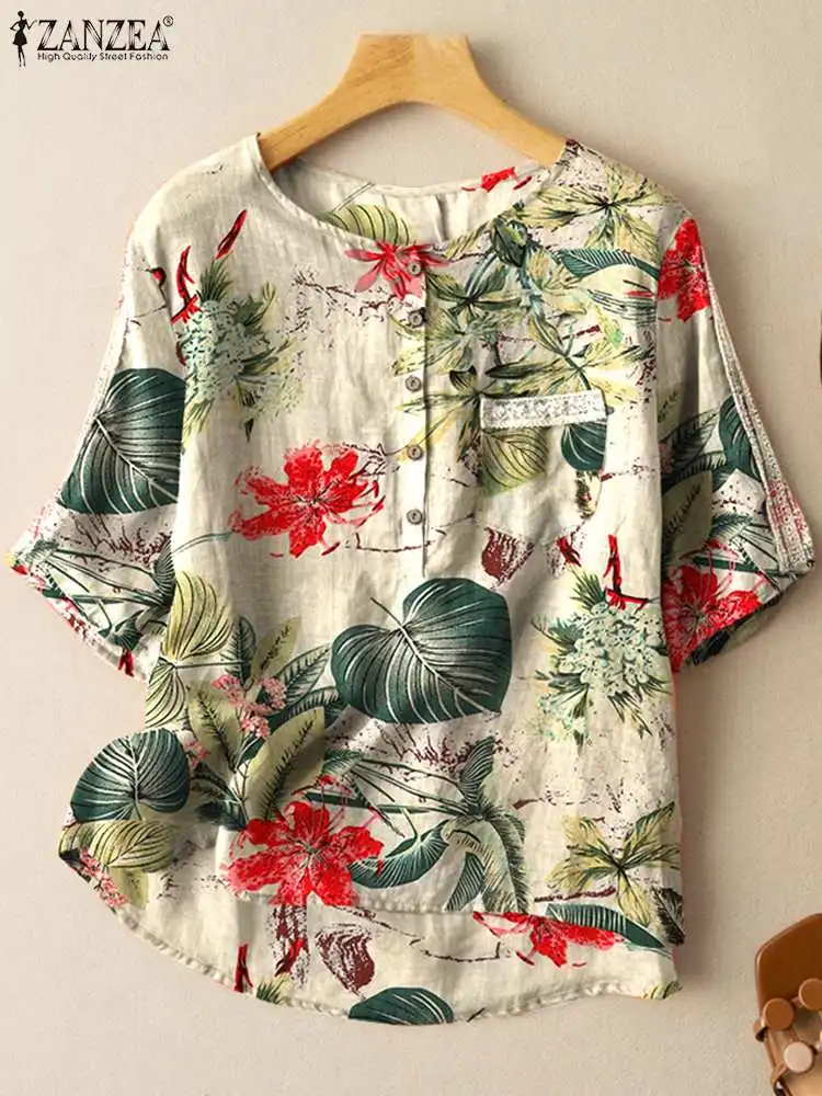 Summer O Neck Half Sleeve Floral Printed Blouse ZANZEA Women Vintage Casual Tops Tunic Bohemian Holiday Blusas Oversize Shirt