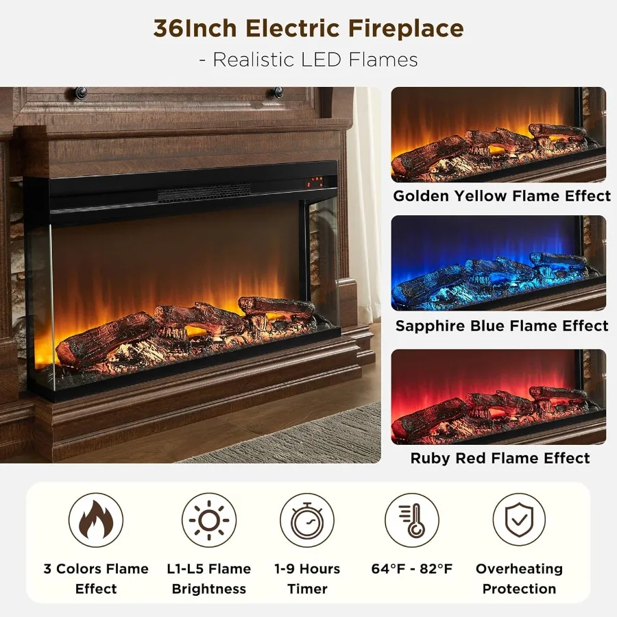 Lareira elétrica de 52 polegadas com lareira e suporte de TV com aquecedor elétrico de vidro de 3 lados de 36 polegadas, ideal para sala de estar Ambia