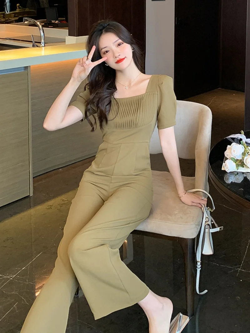 

Women Jumpsuit Summer Overalls Short Sleeve Rompers Square Collar Wide-Leg Pants Vintage Jump Suit Short Sleeve Playsuit T186