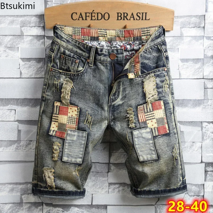 Celana Jeans pendek sobek untuk pria, celana Denim ramping desain berlubang bergaya Vintage musim panas 2025, celana pendek modis 28-40