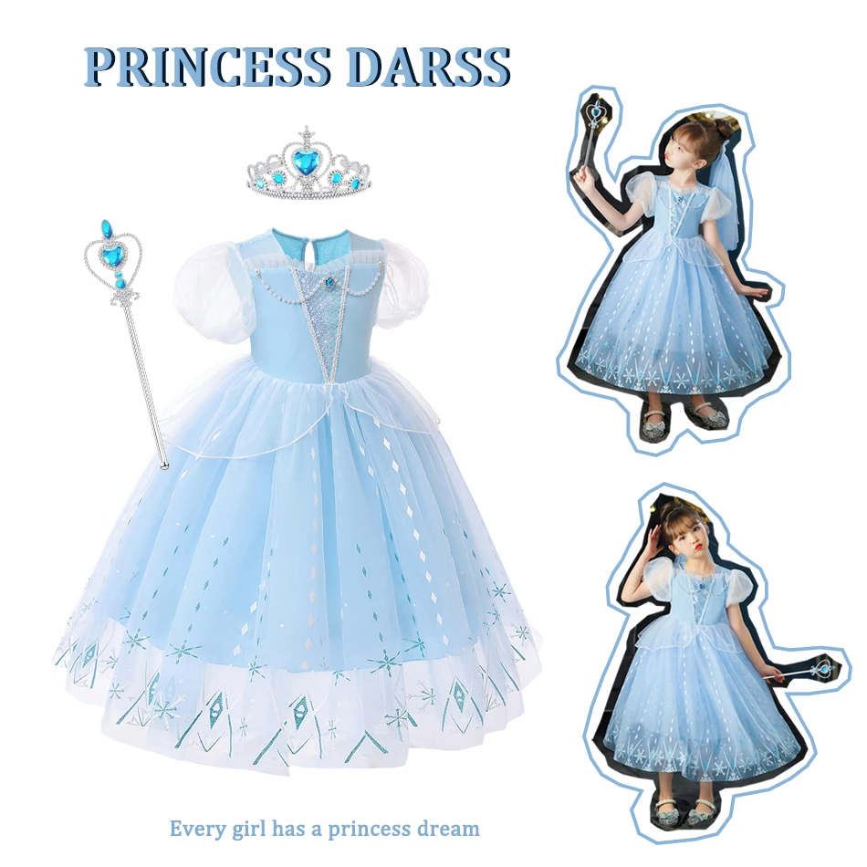 Cute Girl Mesh Sequins Long Summer Casual Dress Fancy Children Gowns Vestidos Snow Queen Costume Fancy Birthday Party Apparel