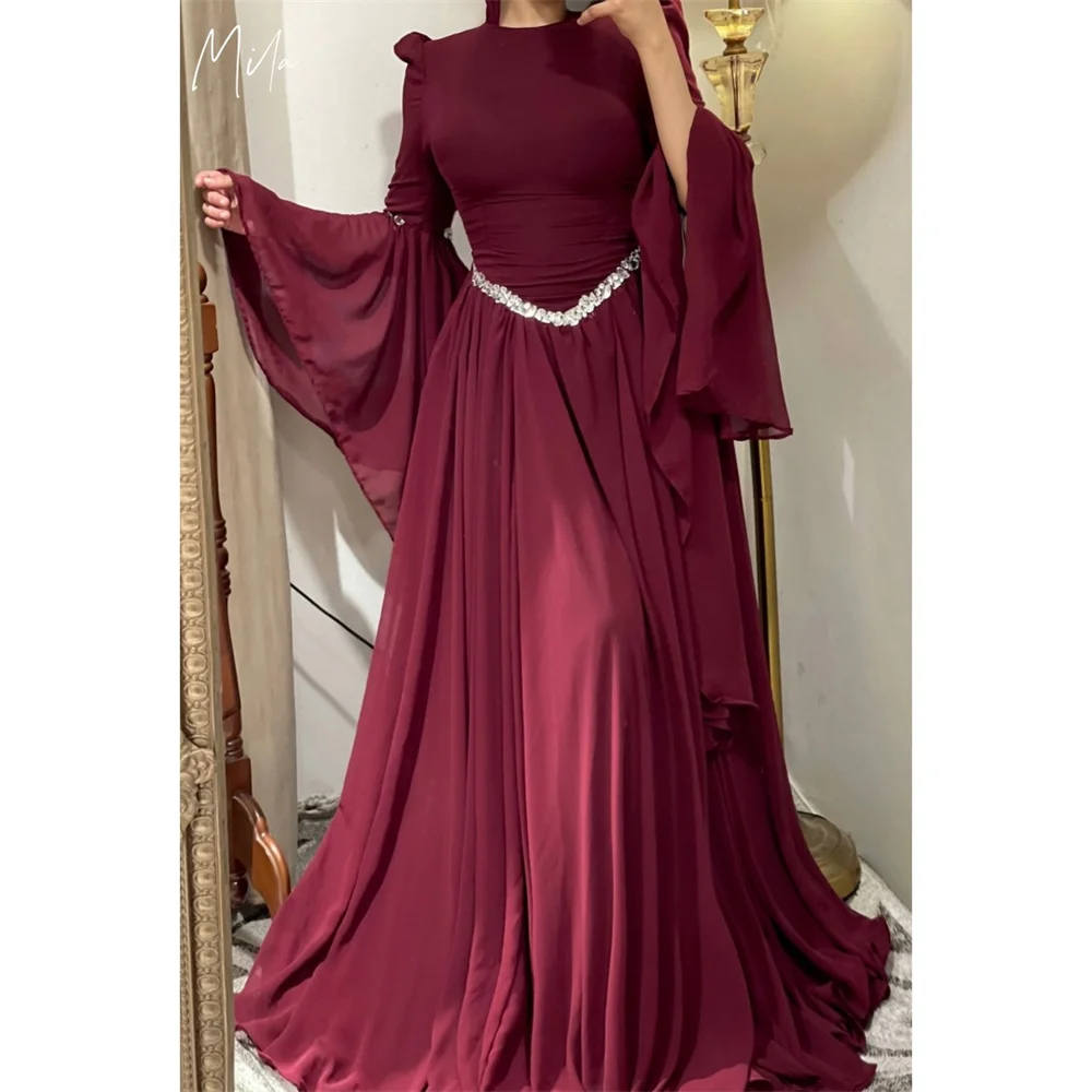 

Mila O-Neck A-Line Prom Dress Long Sleeves Court Train Customized Luxurious Women Evening Dresses Chiffon vestidos de fiesta