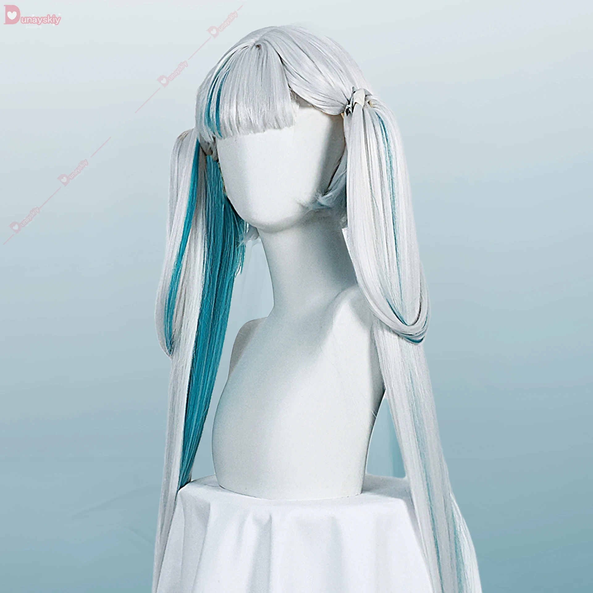 Game Wuthering Waves Jinhsi Cosplay Wig White Blue Hair Thawborn Renewal Double Ponytail Hair Heat-resistant Fiber Rose Wig Net