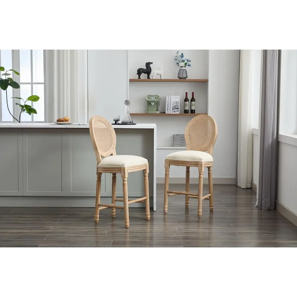 26 Country Style Counter Height Bar Stools Set of 2, Rattan Back | Solid Wood Upholstered Vintage Round Back for Kitchen Islands