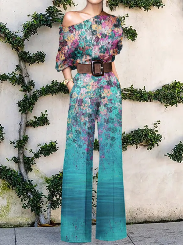 Mode Farbe Drucken Overalls Frauen Schräg Kragen Off Schulter Elastische Taille Gerade Overall Temperament Pendeln Weibliche Neue