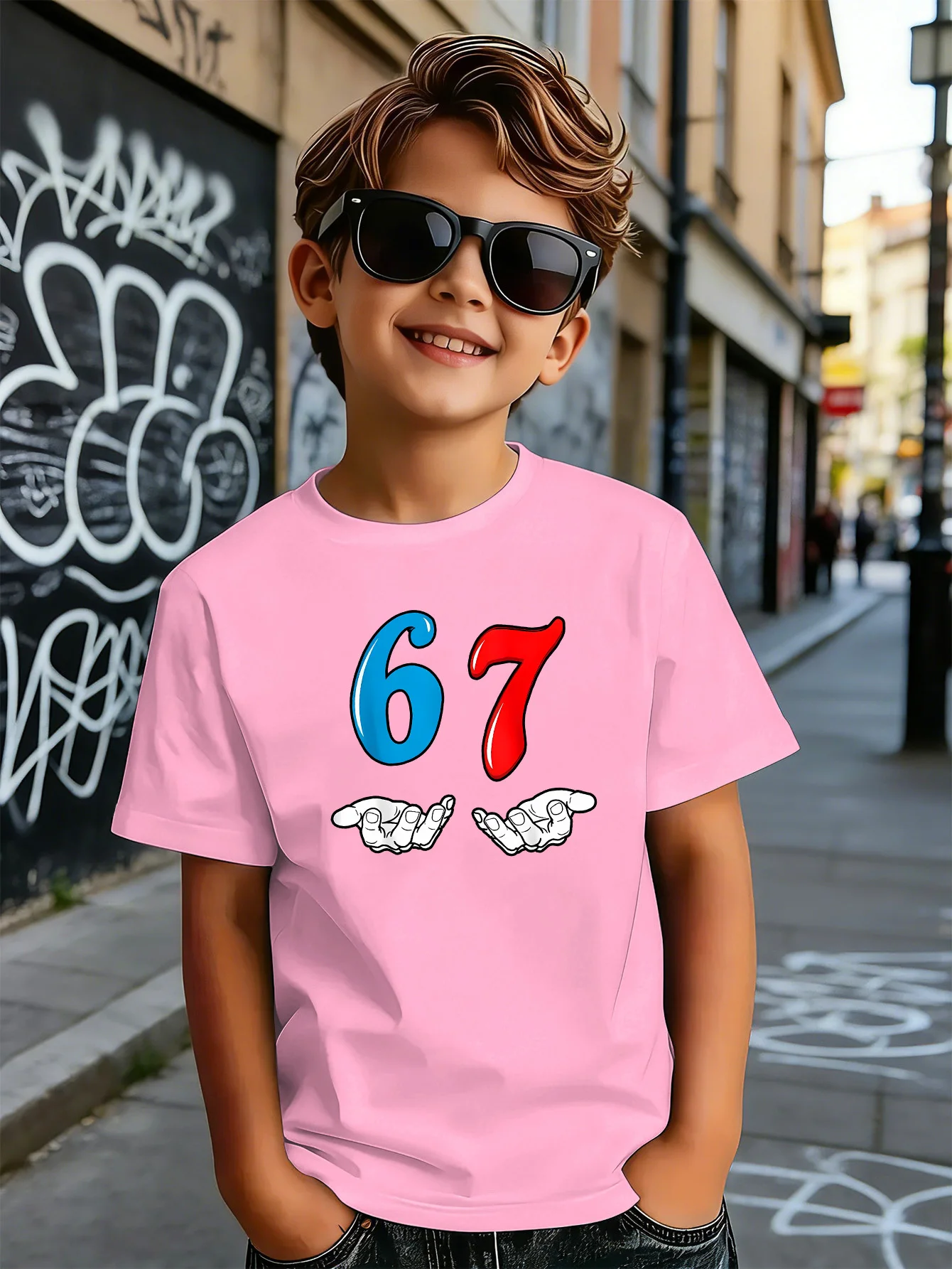 Fashion Number 67 Hand Gesture Street Art Graphic Print Kids Tee Boys Girls Cotton Summer Soft Casual Unisex Short Sleeve Shirts